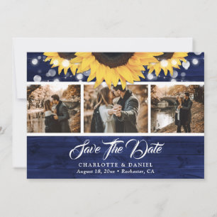 Blaue rustikale Holz-Sonnenblumen-Hochzeitsfoto Save The Date