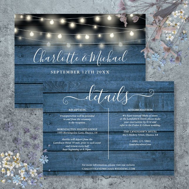 Blaue, rustikale Holz-String-Lichter Hochzeitsdeta Einladung (Blue Rustic Wood String Lights Wedding Details Invitation)