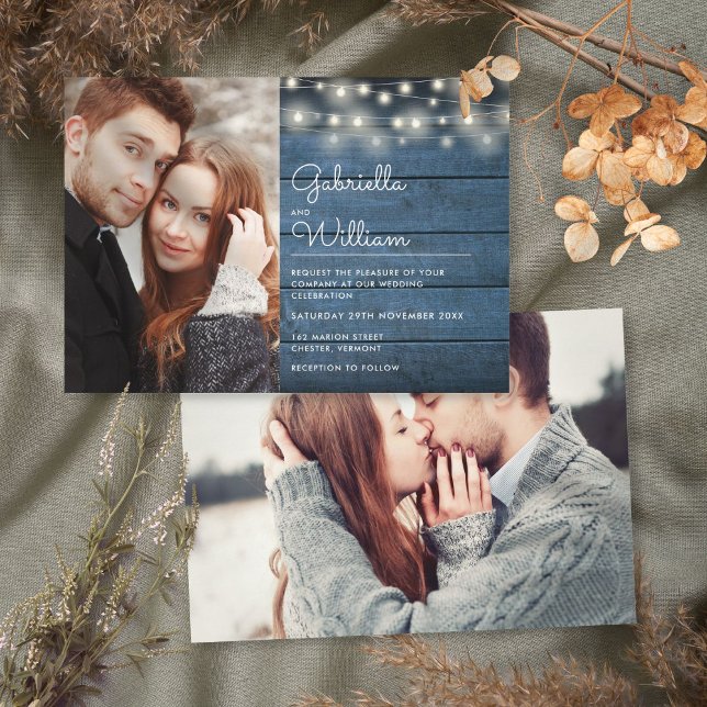 Blaue Rustikale Holzsaitenleuchten Fotos Hochzeit Einladung (Von Creator hochgeladen)