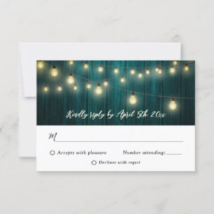 Blaue Rustikale Landholz-Lichterketten-Hochzeit RSVP Karte