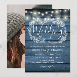 Blaue Rustikale Lichterkette Blumen Foto Hochzeit Einladung