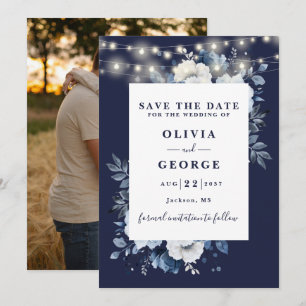 Blaue Rustikale Lichterkette Blumen Foto Save The Date