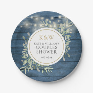 Blaue Rustikale Monogram Grünpaare Dusche Pappteller