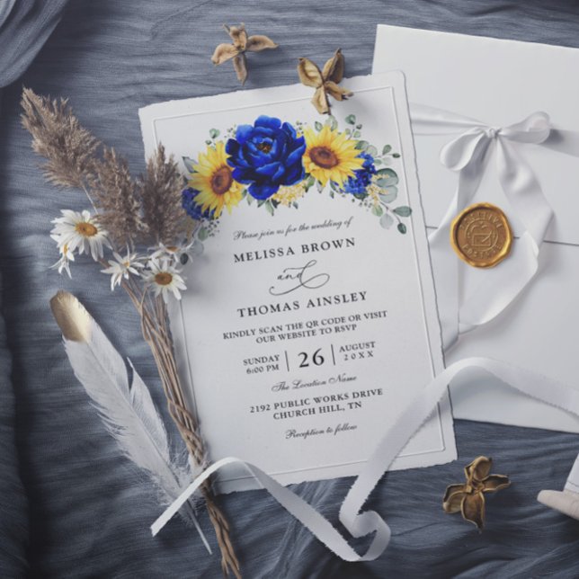 Blaue Rustikale Sonnenblumen Budget QR-Code Hochze Einladung (Von Creator hochgeladen)