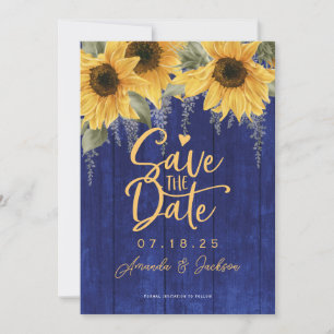Blaue, rustikale Sonnenblumenhochzeit rette Save The Date