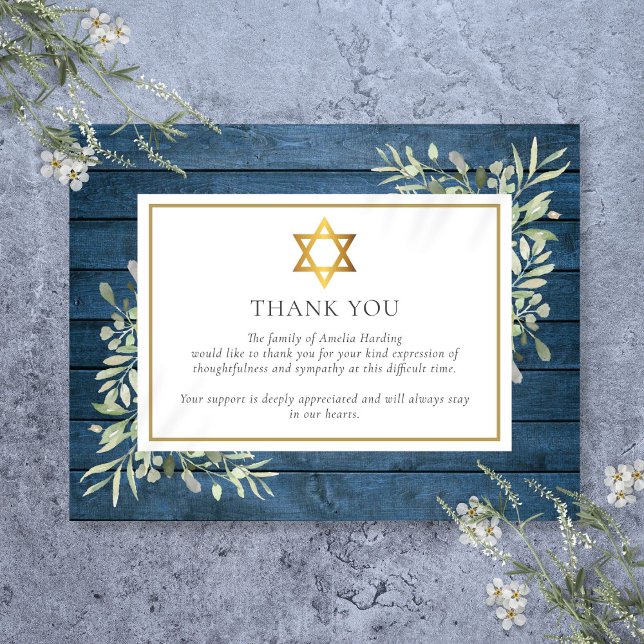 Blaue Rustikale Vegetation jüdischer Stern von Dav Dankeskarte (Blue Rustic Greenery Jewish Star Of David Funeral Thank You Card)