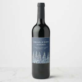 Blaue Rustikale Verschneite Nacht Wald Hochzeit We Weinetikett