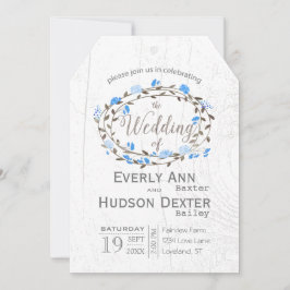 Blaue Rustikale Waldtypografie Barnholz Hochzeit Einladung