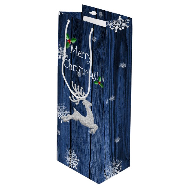 Blaue Rustikale Weihnachtsfeier Geschenktüte Für Weinflaschen (Vorderseite Schrägansicht)
