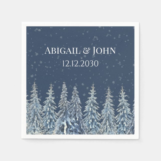 Blaue Rustikale Winterwald-Hochzeitsserviette Serviette (Vorderseite)