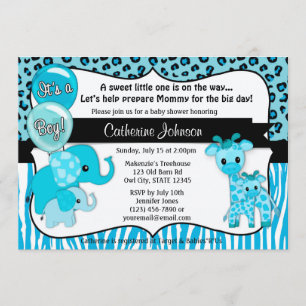 Blaue Safari-Elefant-Giraffen-Babyparty Einladung