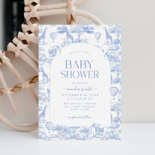 Blaue Safari-Toile-de-Jouy-Baby-Party für Jungen Einladung