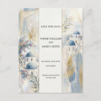 Blaue Santorini-Save-the-Date-Postkarte