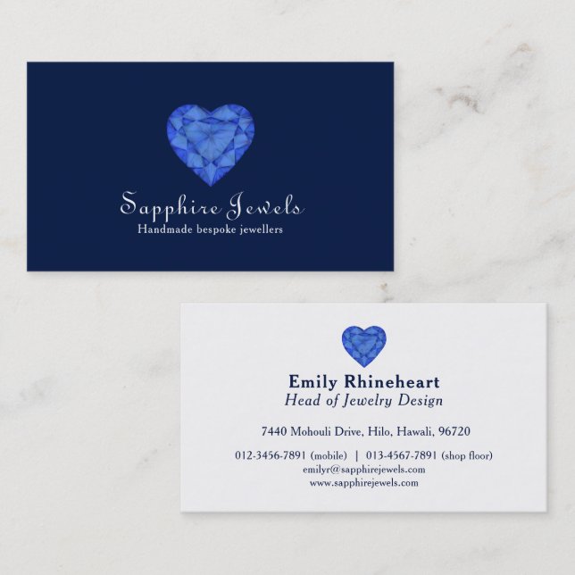 Blaue Saphirherzjuwel-Schmuck-Visitenkarte Visitenkarte (Vorne/Hinten)