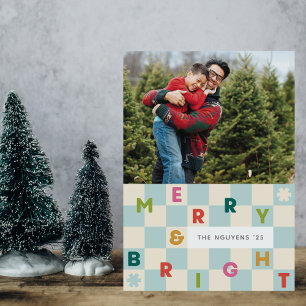 Blaue Schachbrett-Merry-&-Bright-Weihnachtskarte Einladung