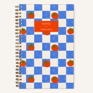 Blaue Schachbrett-Tomaten-Muster personalisierter Notizbuch