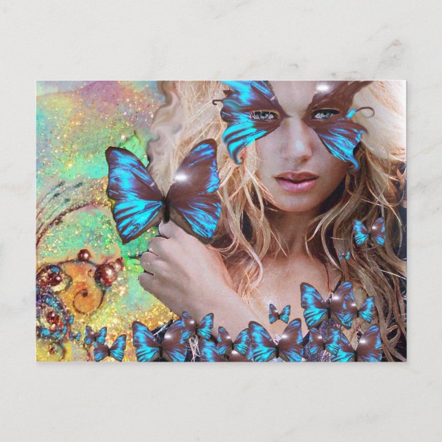 BLAUE SCHALTFLÄCHE IN AQUAMARINEN GRÜNEN GOLD-GLIT POSTKARTE (Vorderseite)