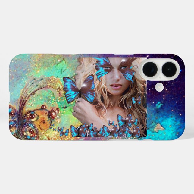 BLAUE SCHALTFLEUNDLICHKEIT MIT GRÜNEM GOLD-GLITZER iPhone 16 PLUS HÜLLE (Rückseite (Horizontal))