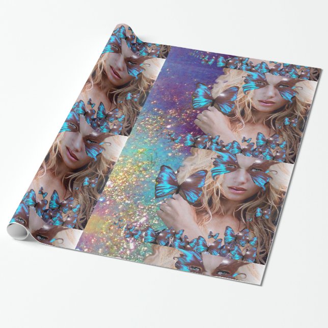 BLAUE SCHALTFLEUNDLICHKEIT MIT GRÜNEN GOLD-GLITZER GESCHENKPAPIER (Ungerollt)