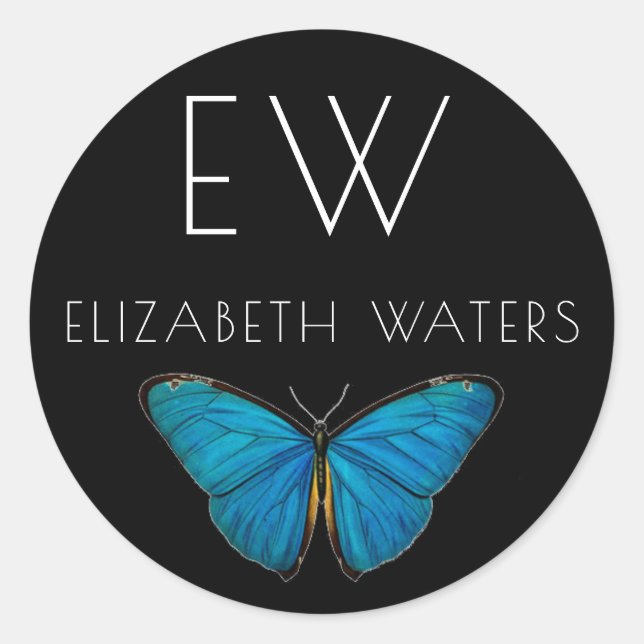 BLAUE SCHALTFLY RUNDE INDIVIDUELLE NAME STICKER (Vorderseite)