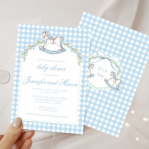 Blaue Schaukelpferd-Gingham-Boho-Baby-Jungen-Party Einladung