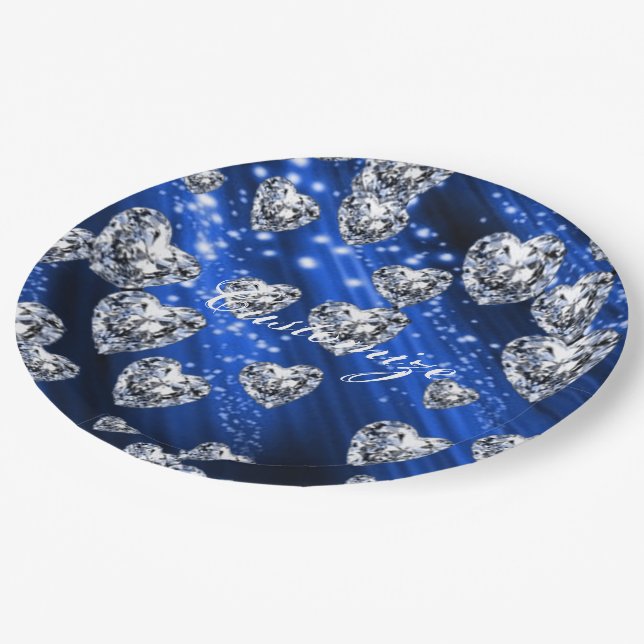 Blaue Schein-Diamant-Herz-Servietten Pappteller (Schrägansicht)