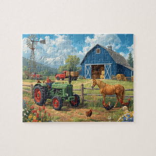Blaue Scheune Traktor Pferd Farm Berg Szene