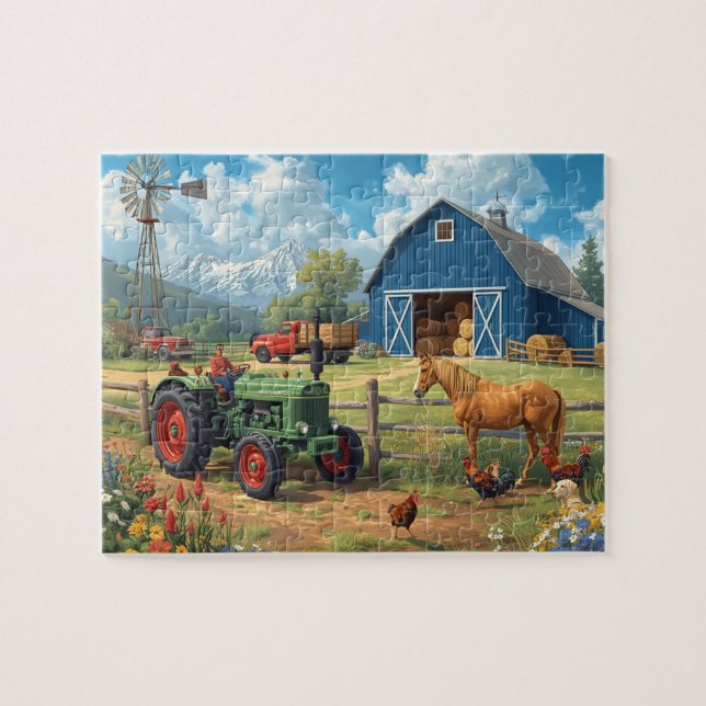 Blaue Scheune Traktor Pferd Farm Berg Szene (Horizontal)