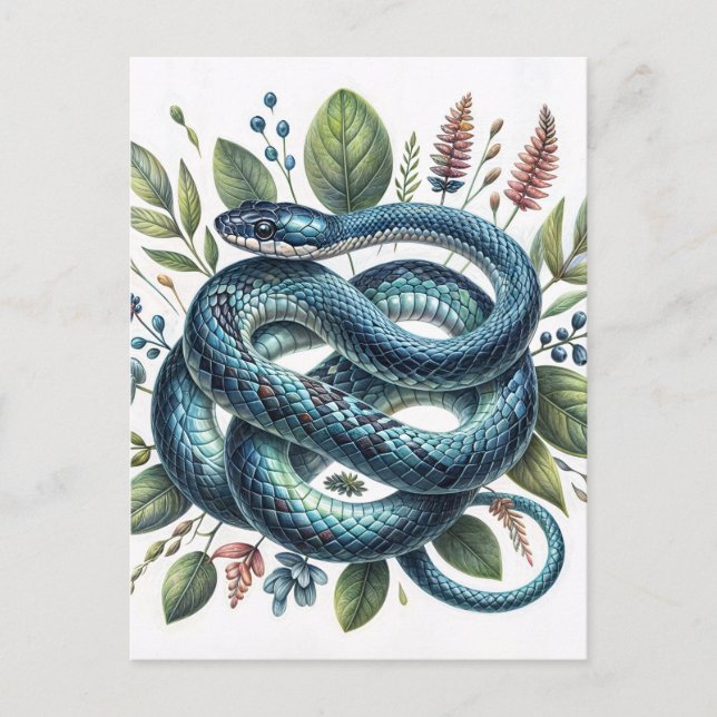 Blaue Schlange Botanische Wasserfarbe Kunst, Dicht Postkarte (Vorderseite)