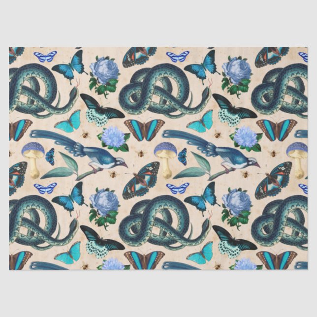 Blaue Schlangen Vögel und Schmetterlingszenen Seidenpapier (Vorderseite)