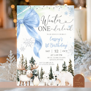 BLAUE SCHLEIFE Arktis-Tier Winter-Wunderland Gebur Einladung