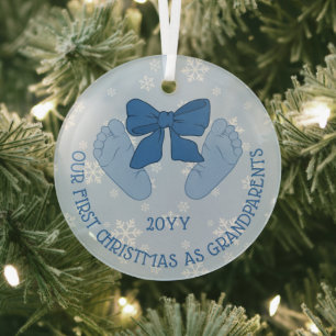 Blaue Schleife Babyfüße Großeltern erstes Weihnach Ornament Aus Glas
