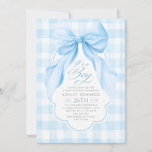 Blaue Schleife Blush Gingham Eleganter Junge Baby Einladung