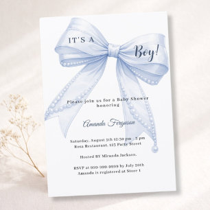Blaue Schleife elegante Perlen Junge Baby Shower Einladung