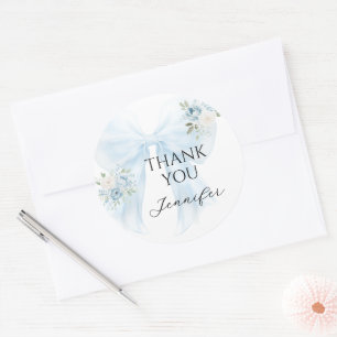 Blaue Schleife Florale Danke für die Babyparty für Runder Aufkleber