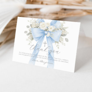 Blaue Schleife Florales Baby Jungen Taufe Dankeskarte