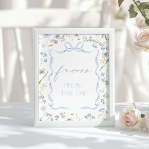 Blaue Schleife Gefallen Wildblumen-Baby-Party Poster