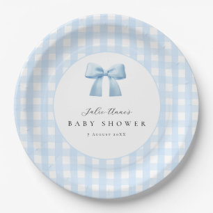 Blaue Schleife Gingham Baby Shower Papier Teller