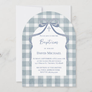 blaue Schleife Gingham-Muster Taufe Einladung