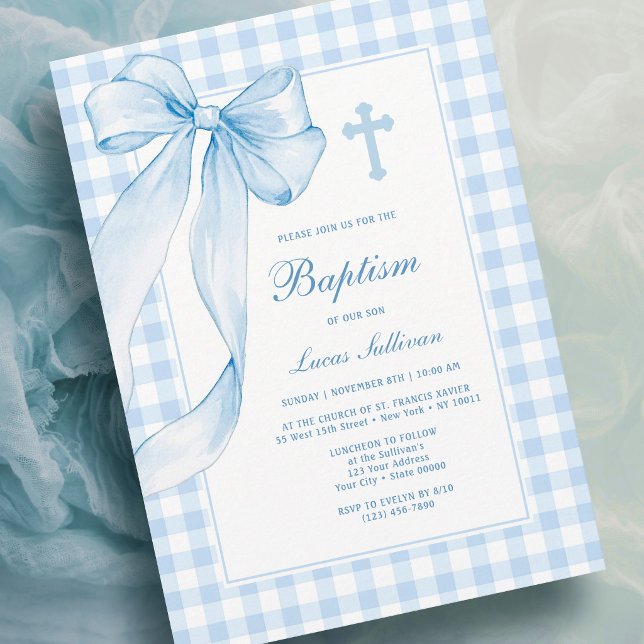 Blaue Schleife Gingham Tauf Einladung (Von Creator hochgeladen)