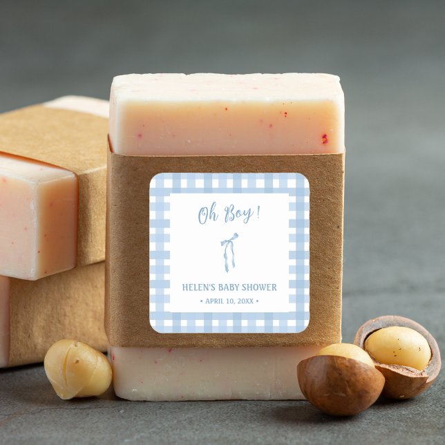 Blaue Schleife, karierte Jungs, Baby-Dusche Quadratischer Aufkleber (Von Creator hochgeladen)