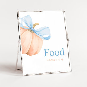 Blaue Schleife Orange Kürbis Essen Schild