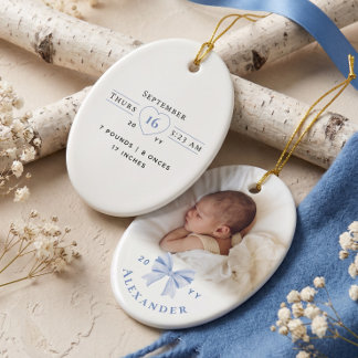 Blaue Schleife Personalisiertes Babyname Foto Gebu Keramik Ornament