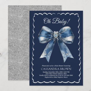 Blaue Schleife Silber Glitter Weihnachts-Baby-Part Einladung