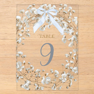 blaue Schleife weiße Baby's Breath Blumen Tisch Nu Acryleinladungen