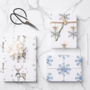 Blaue Schleifen Hirsche Schneeflocken Weihnachten Geschenkpapier Set