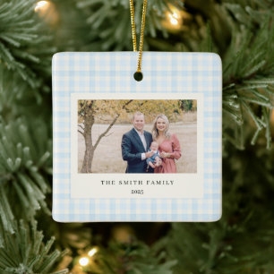 Blaue Schleifen-Kranz Gingham Weihnachtsfoto Keramikornament
