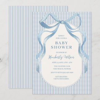 Blaue Schleifen-Schleifen-Streifen-Baby-Party Einladung