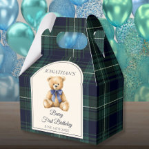 Blaue Schleifen-Teddybär-Tartan-Geburtstag im Prep