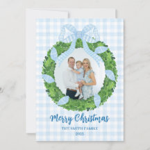 Blaue Schleifen-Weihnachtskranz-Foto-Feiertags-Kar